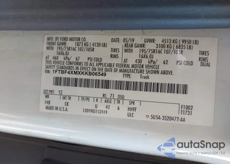 2019 Ford Transit-350 z USA, uszkodzony, nr VIN 1FTBF4XMXKKB06549